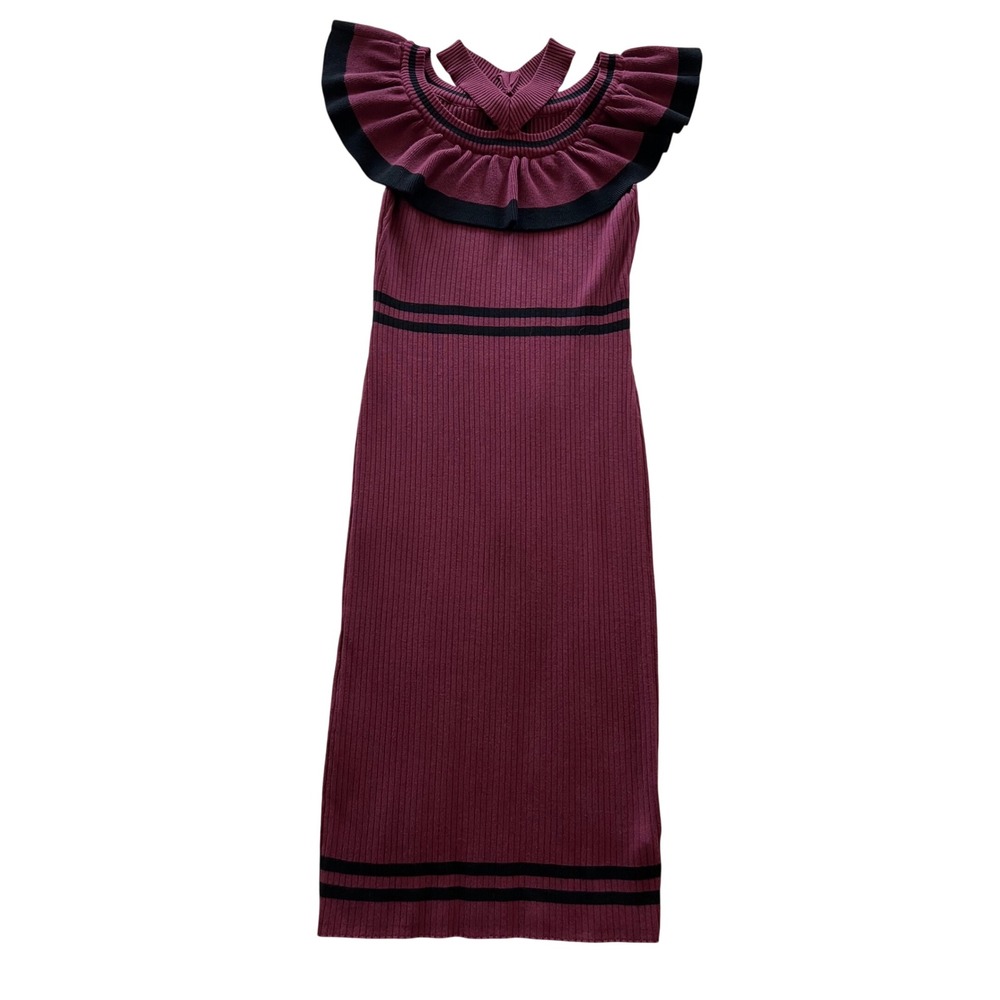 XOXO Ribbed Knit Cold Shoulder‎ Ruffle Neck Midi Dress Burgundy Black Size M